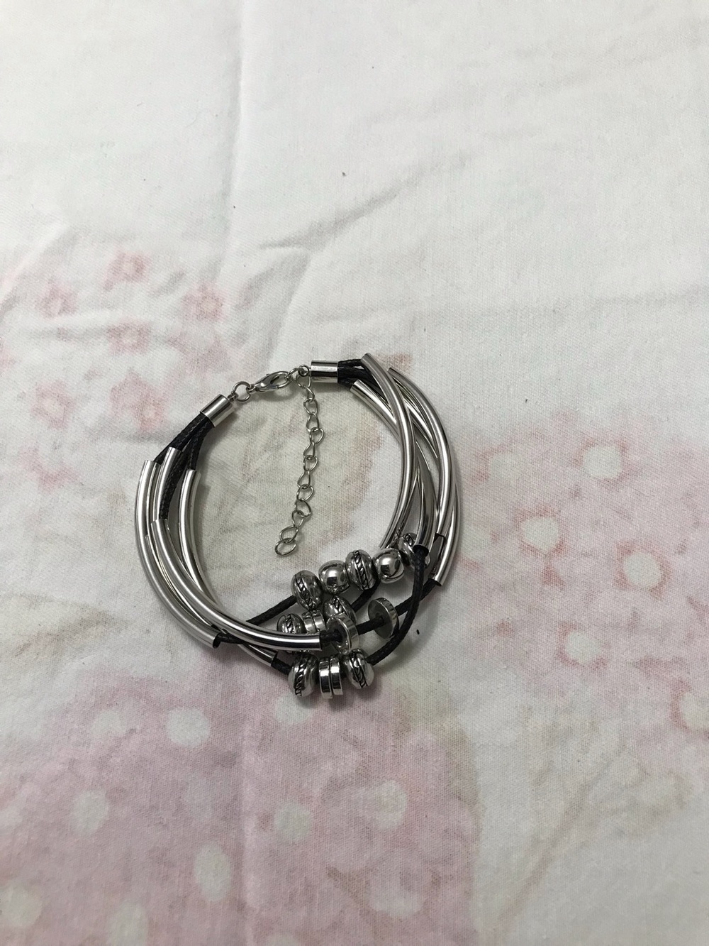 Silver Tone Black Cord Statement Unique Bracelet 7”